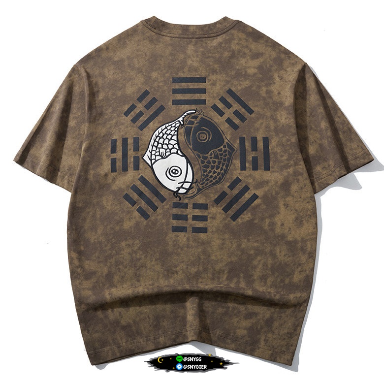 เสื้อยืดปัก+สกรีนลายปลา สีน้ำตาล