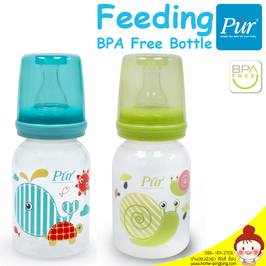 ขวดนมทรงตรง (Feeding Bottle Pur) แพ๊คคู่ (ลายหอยทาก สีเขียว+ลายปลาวาฬ สีฟ้า) ขนาด 4 ออนซ์ พร้อมจุกนมคลาสสิค ขนาดเล็ก (Slow Flow) ยี่ห้อ Pur