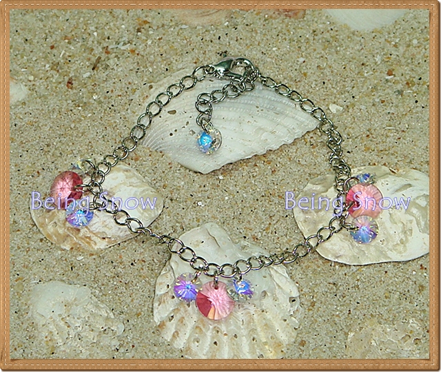 สร้อยข้อมือคริสตัลทรงกลมแบนเล็ก-ใหญ่ สีชมพู Rose + สีใส