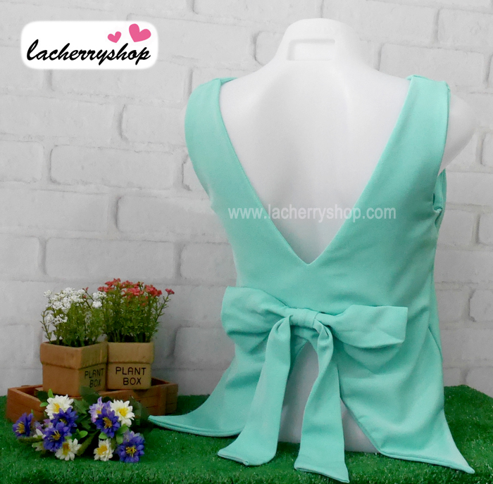 เสื้อแฟชั่น ผ้าฮานาโกะ สีพาสเทล เขียวมิ้นท์ แขนกุด ผูกโบว์ด้านหลัง แบบสวยน่ารัก สินค้าคุณภาพ ราคาไม่แพง