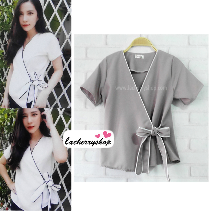 เสื้อผ้าแฟชั่นสวยๆ เสื้อทำงาน สีดำ แบบผ้าป้ายสุดฮิต กุ้นขอบสีสวยๆตัดกัน ผูกโบว์เอว สวยเรียบหรู