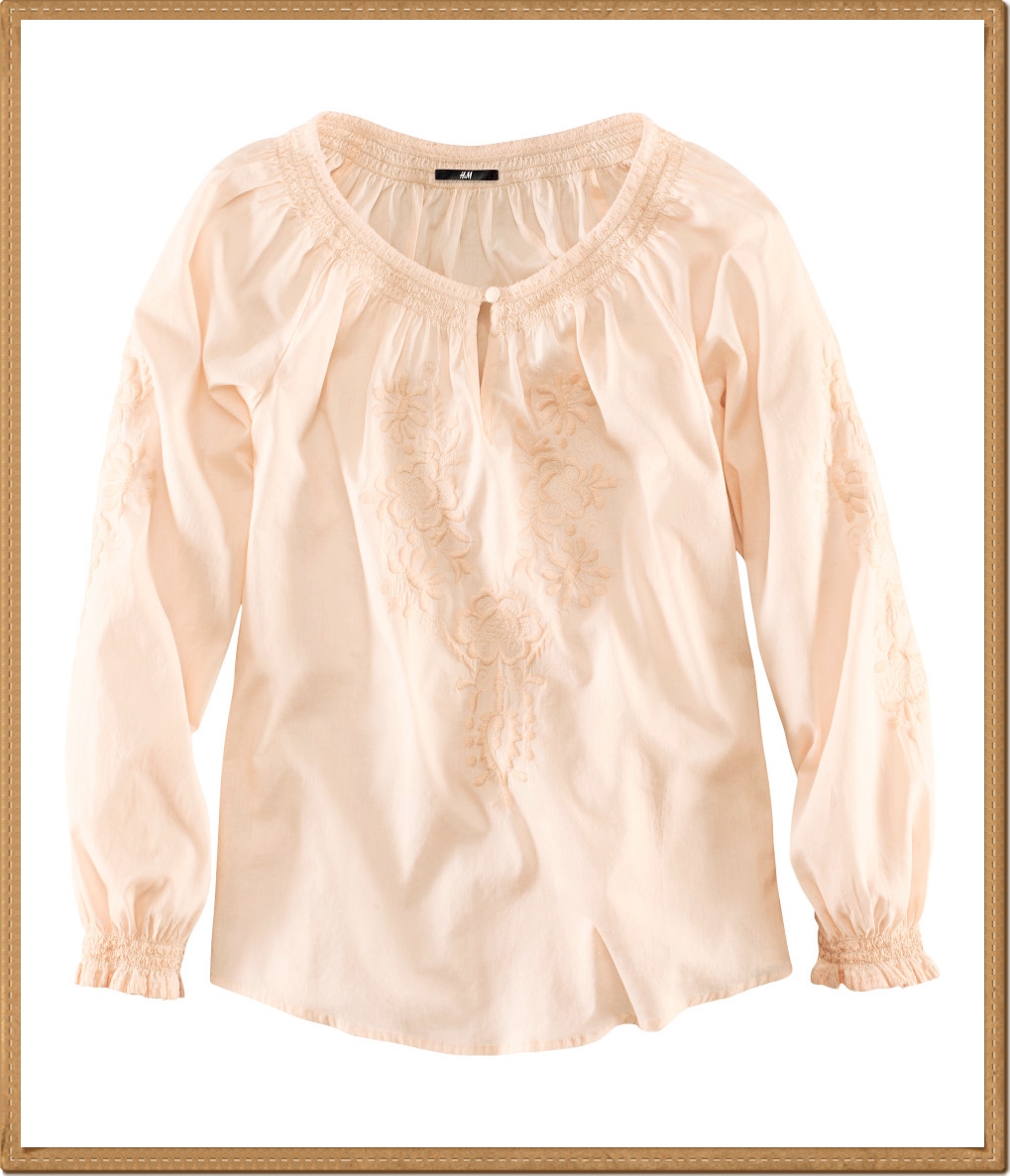 H&M - เสื้อผ้าฝ้ายสีครีม ปักลายดอกไม้ (Size 34)