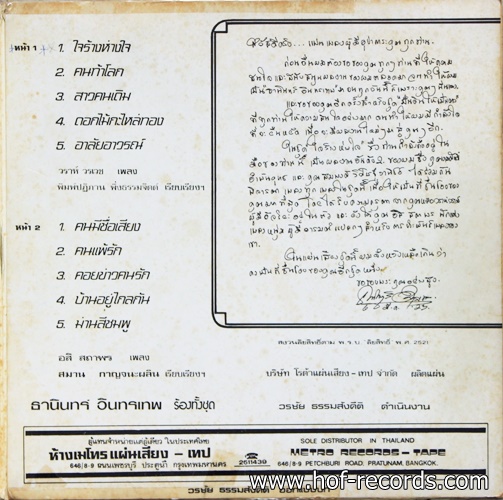 ธานินทร์ อินทรเทพ ชุด ใจร้างห่างใจ ปก VG+ แผ่น VG+