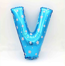ลูกโป่งฟอยล์รูปตัวอักษร V สีฟ้าพิมพ์ลายดาว ไซส์เล็ก 14 นิ้ว - V Letter Shape Foil Balloon Size 14" Blue color printing Star