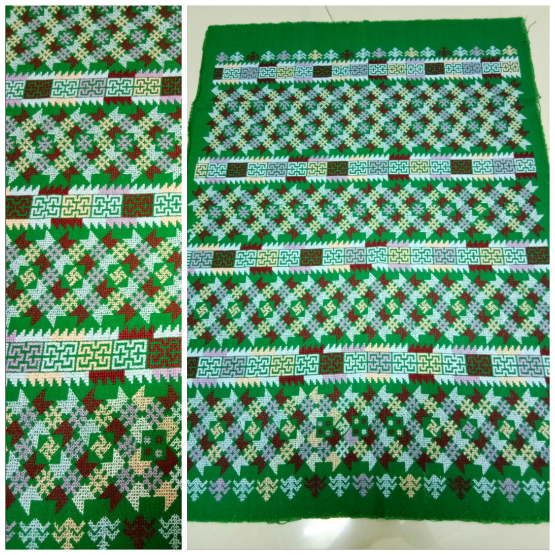 ผ้าปักมือ พื้นสีเขียว ลายโบราณ