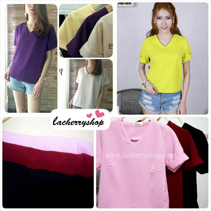 เสื้อแฟชั่น ผ้าฮานาโกะ สีดำ คอวีพับแขนเก๋ๆ สินค้าคุณภาพ ราคาไม่แพง