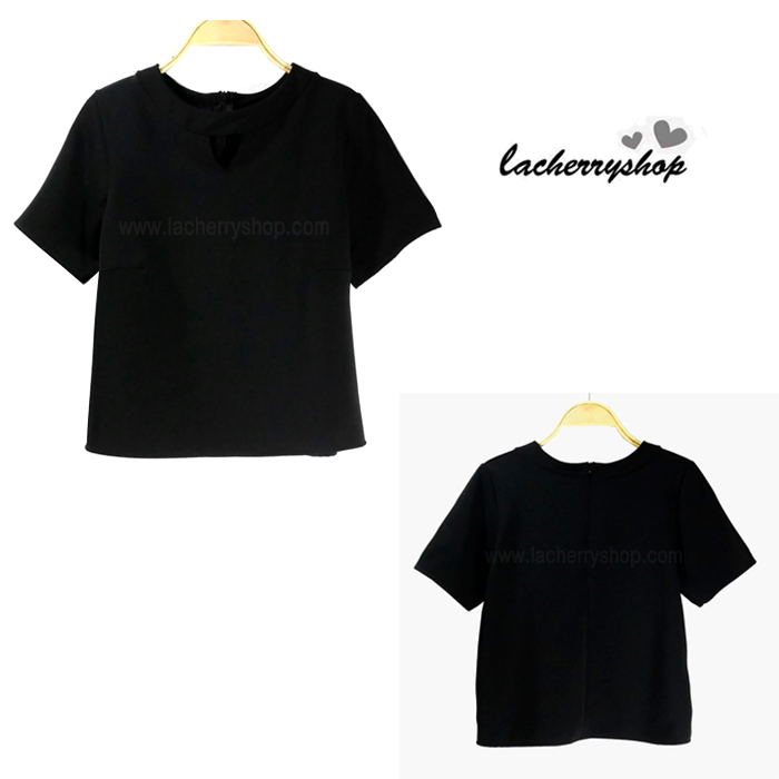 เสื้อแฟชั่น เสื้อทำงาน ผ้าฮานาโกะ สีดำ แบบสวย เจาะคอ สไตล์เกาหลี สินค้าคุณภาพ ราคาไม่แพง