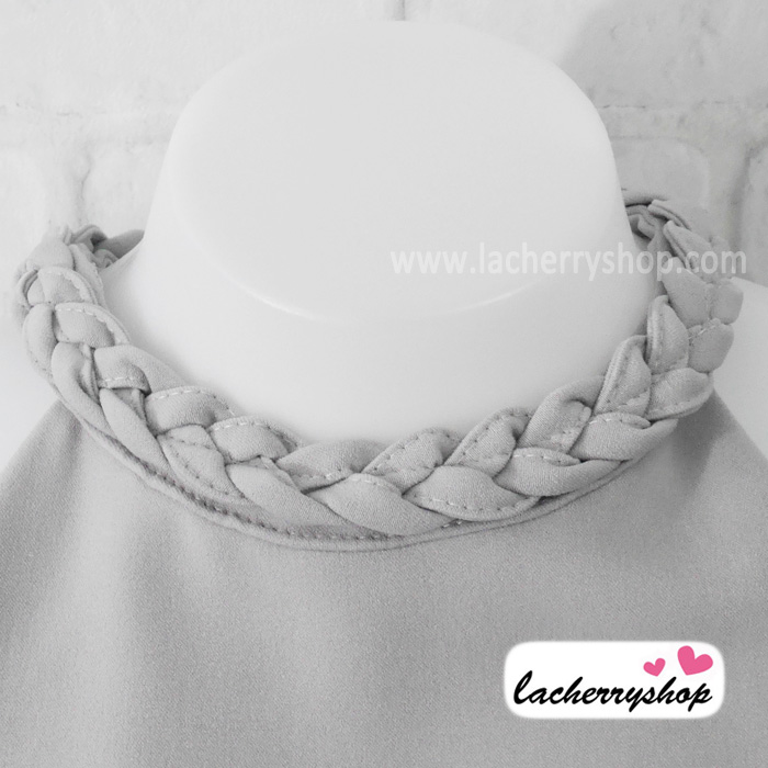 เสื้อแฟชั่นสวยๆ เสื้อทำงาน ผ้าฮานาโกะ สีเทา คอถักเปีย แบบยอดนิยม สวยน่ารักมากๆค่า