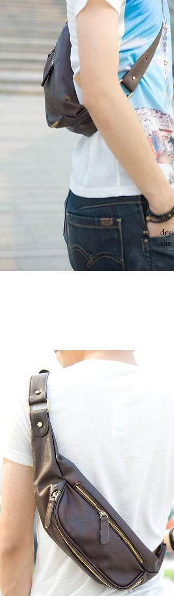 กระเป๋าสะพายข้าง คาดเอว แต่งซิบ PU สีดำ น้ำตาล