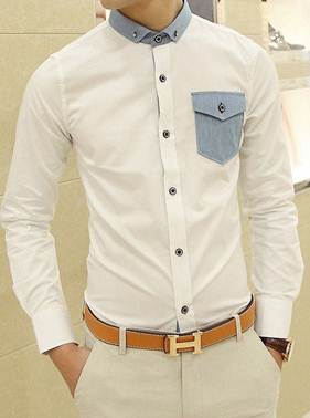 เสื้อเชิ้ตแขนยาว กระเป๋าแต่งฟ้า สีขาวสลับฟ้า No.39