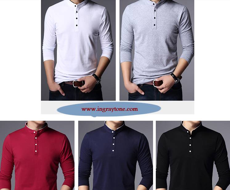 ใหญ่พิเศษ!!เสื้อยืดคอจีนปกตั้ง แขนยาว แฟชั่น สีขาว น้ำเงิน ดำ เทา แดง size No.36 38 40 42 44 46 48