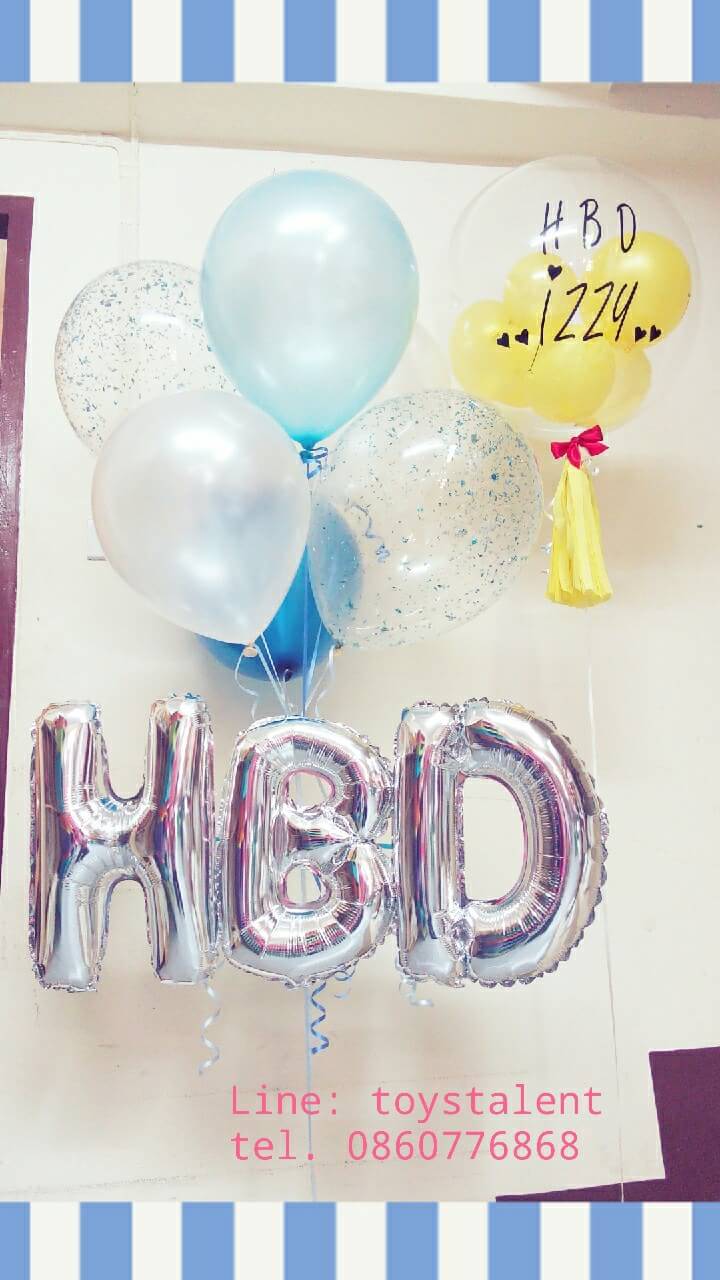 Set#53 ช่อลูกโป่งไซส์ 12 นิ้ว (7ใบ) + ฟลอย์ตัวอักษร HBD ใต้ช่อ และ ช่อลูกโป่งบับเบิ้ลใส สุดฮิต รวม 2 ช่อ