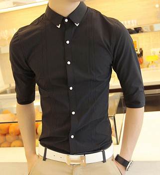 สีดำ แดง!!เสื้อเชิ้ตแขนสั้นข้อศอก แต่งมุมปกเล็ก เดินเส้น No.34 36 38