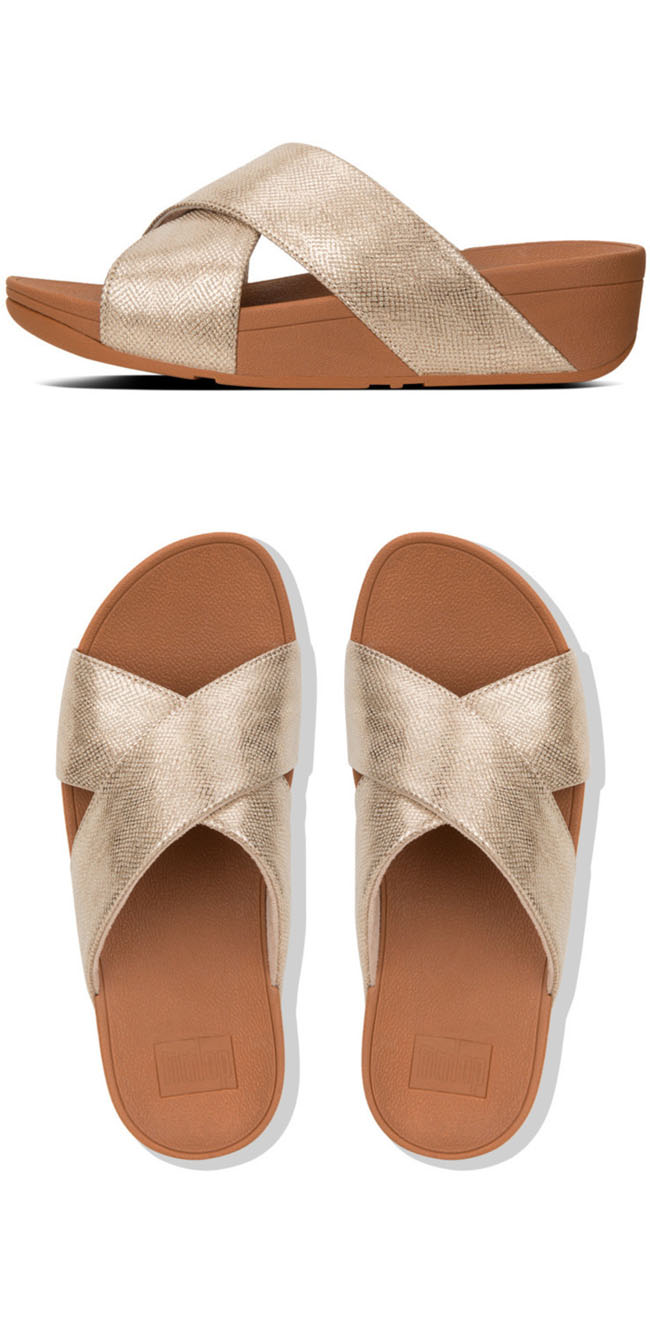 Fitflop Lulu Cross Slide Gold Shimmer Print ของแท้ นำเข้าจาก USA และ UK