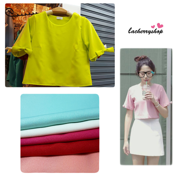 เสื้อแฟชั่นผ้าฮานาโกะ เสื้อทำงาน สีแดง แขนสามส่วนแต่งโบว์ น่ารักมากๆ สินค้าคุณภาพดี ราคาไม่แพง