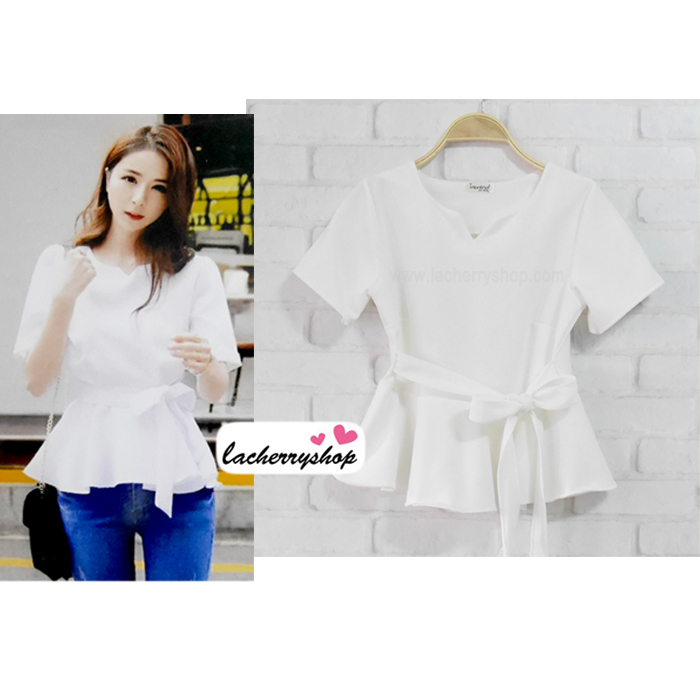 เสื้อผ้าแฟชั่นสวยๆ เสื้อทำงาน สีชมพู ผ้าฮานาโกะ แต่งระบายเอว มีสายมัดโบว์ สวยหวานสไตล์เกาหลี ใส่ได้หลายสไตล์ เว้าคอ มีซิปหลัง ใส่ได้ทุกโอกาส