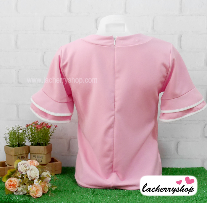 เสื้อแฟชั่น เสื้อทำงาน ผ้าฮานาโกะ สีม่วง พาสเทล สวยหวาน แต่งระบายแขนเสื้อริ้วสีขาว สินค้าคุณภาพ ราคาไม่แพง