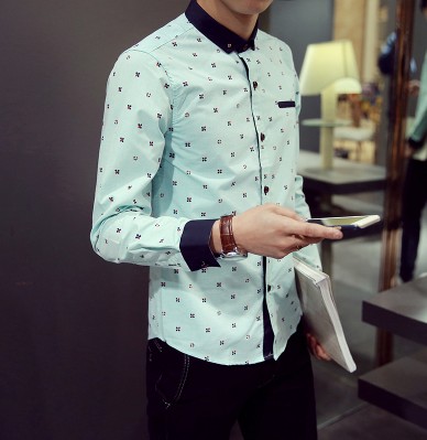 เสื้อเชิ้ตแขนยาว ปกเล็กพิเศษแฟชั่นแต่งกระดุม ลายทาง สีเขียว size 39