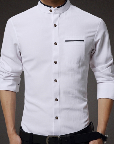 เสื้อคอจีนผู้ชาย เชิ้ตแขนยาว แฟชั่น แต่งขอบปก แขนคลิบขาว Size No.36 38 40 42 44 46 เทา ชมพู ฟ้า เบจ เทาเข้ม