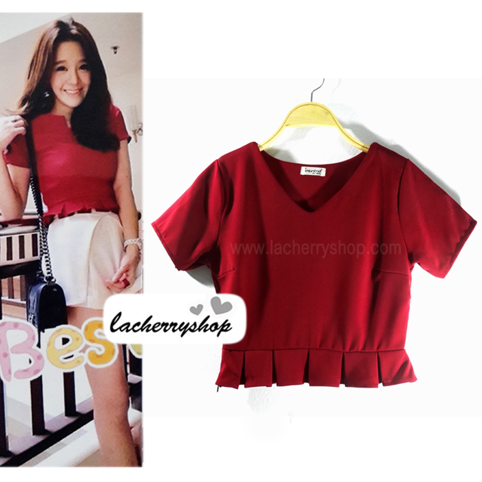เสื้อแฟชั่น ผ้าฮานาโกะ สีแดง แต่งระบายเอวน่ารักๆ สินค้าคุณภาพ ราคาไม่แพง