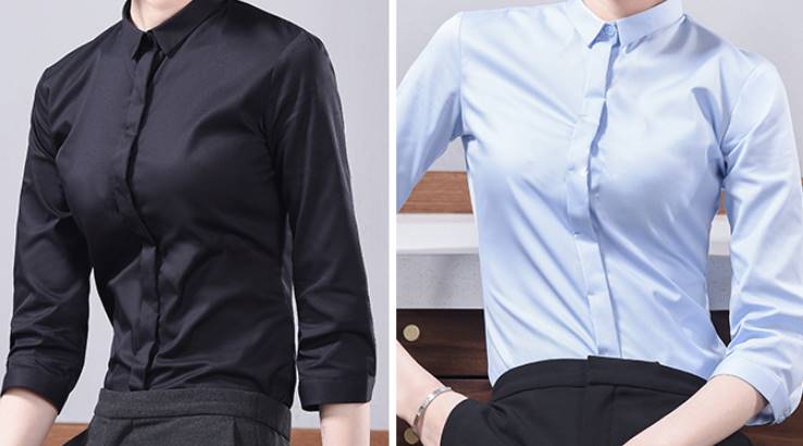 เล็กใหญ่พิเศษ!!เสื้อเชิ้ตคอปกเล็ก แขนสามส่วน ผู้หญิง เข้ารูป ซ่อนกระดุม size No.32-44 สีขาว ดำ น้ำเงิน เทา ฟ้า แบบปกเหลี่ยม ปกตัด