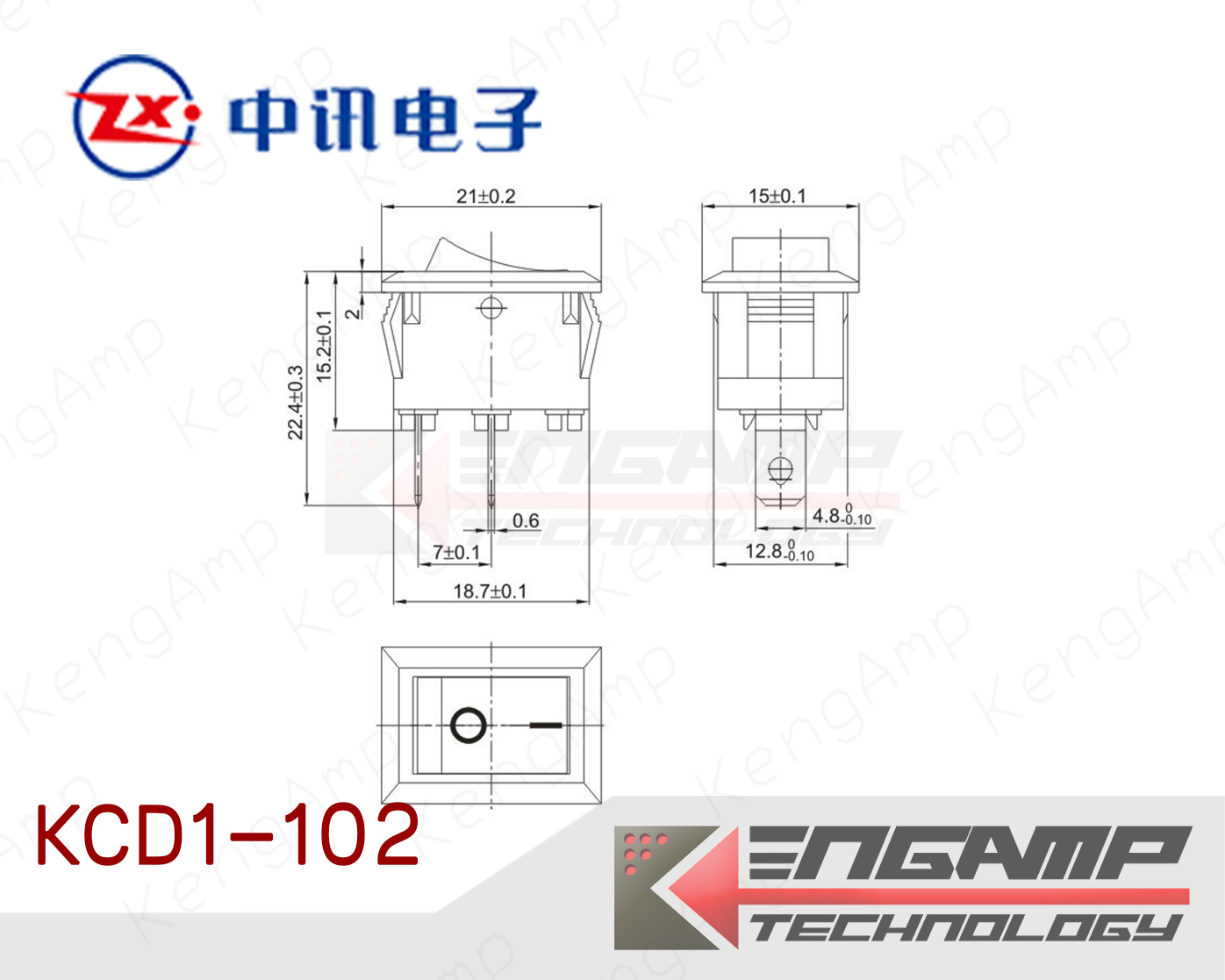(1ตัว) KCD1-102 ON-ON Zhongxun ขนาด 15x21mm 6A/250Vac