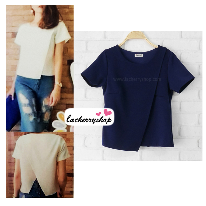เสื้อแฟชั่นสวยๆ ผ้าฮานาโกะ สีกรมท่า ดีไซน์ผ้าป้ายหน้า-หลังเก๋ๆ แบบยอดนิยม สวยเรียบหรู