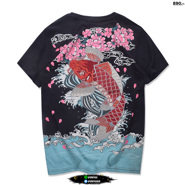 เสื้อยืด สกรีนลาย+ปักลายปลาคราฟแดง ดำ