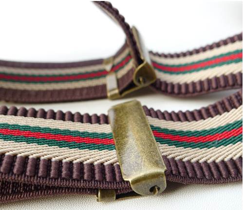 สายรัดกางเกงเอี๊ยม ลายทาง สายยืดหยุ่น คลิบ หัวทองเหลือง กว้าง 2.5cm แบบ Y สีน้ำตาล ดำ