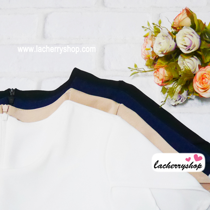 เสื้อผ้าแฟชั่น เสื้อทำงาน ผ้าฮานาโกะตัดแต่งแขนเก๋ๆ สีดำ แบบสวยเรียบหรู สินค้าคุณภาพดี ราคาไม่แพง