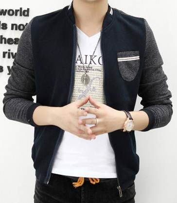 เสื้อคลุมเบสอล 2โทน ติดซิบ ปะกระเป๋า สีเทาแขนน้ำเงิน No.46