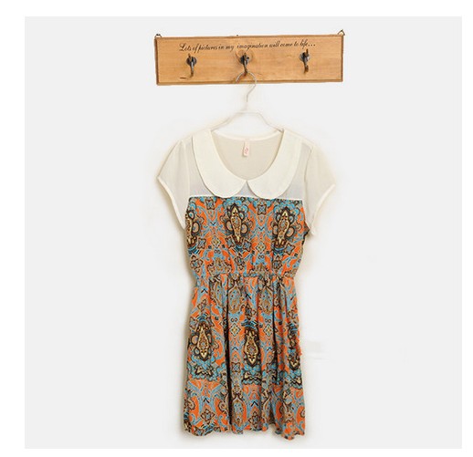 SALE//SALE (ส่งฟรี) ชุดเดรส คอบัว สไตล์เกาหลี พิมพ์ลาย กราฟฟิก สีส้ม เก๋ๆ