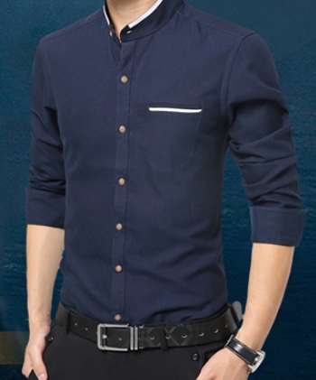 เสื้อคอจีนผู้ชาย เชิ้ตแขนยาว แฟชั่น แต่งขอบปก แขนคลิบขาว Size No.36 38 40 42 44 46 เทา ชมพู ฟ้า เบจ เทาเข้ม