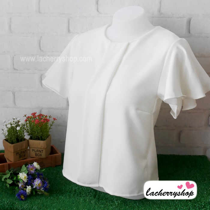 เสื้อผ้าแฟชั่น เสื้อทำงาน ผ้าฮานาโกะ สีขาว แบบสวยเรียบหรู แต่งระบายแขนสวยพริ้ว แบบสวยเรียบร้อย เหมาะกับทุกโอกาส