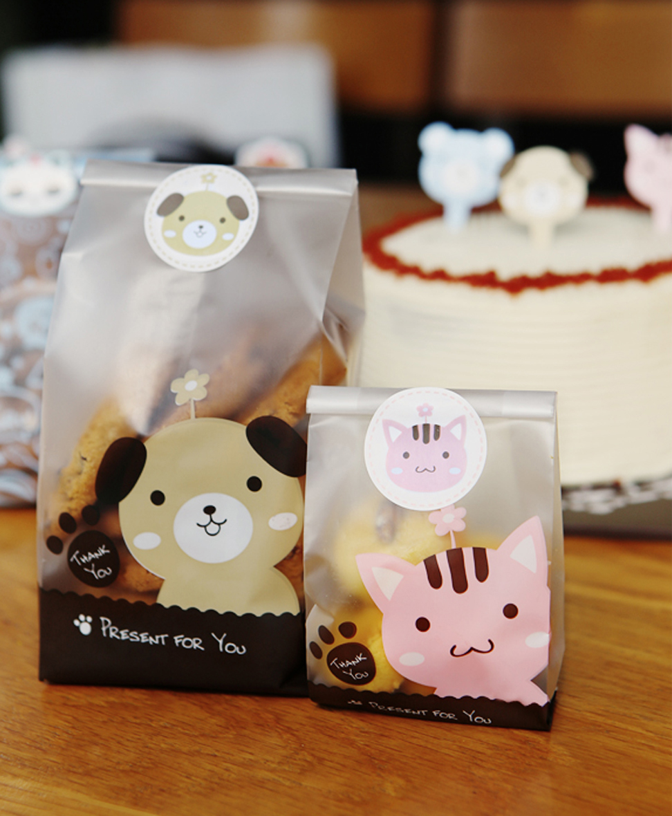 ถุงบรรจุขนมแบบพับข้างลายแมวสีชมพู Thank you 50 ใบ