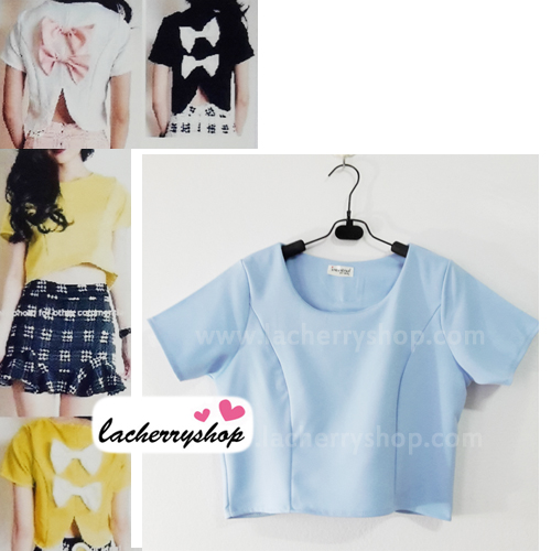 เสื้อแฟชั่น ผ้าฮานาโกะ สีฟ้า แบบน่ารักๆ มีโบว์ด้านหลัง เนื้อผ้านิ่ม อยู่ทรง ไม่ยับง่าย ใส่สบาย สินค้าคุณภาพ ราคาไม่แพง