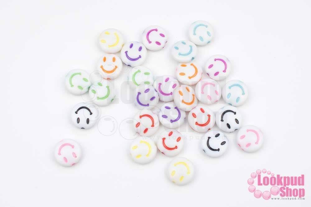 ลูกปัดพลาสติก คละสี กลมแบน รูปยิ้ม 13มิล (1ถุง/500กรัม)