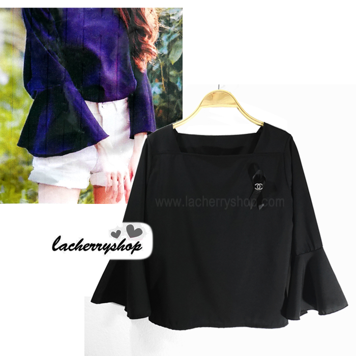 เสื้อผ้าแฟชั่น เสื้อทำงานสีดำ คอปาด แขนกระดิ่ง แบบสวยเรียบหรู ใส่ได้ทุกโอกาส คุณภาพดี ราคาไม่แพง