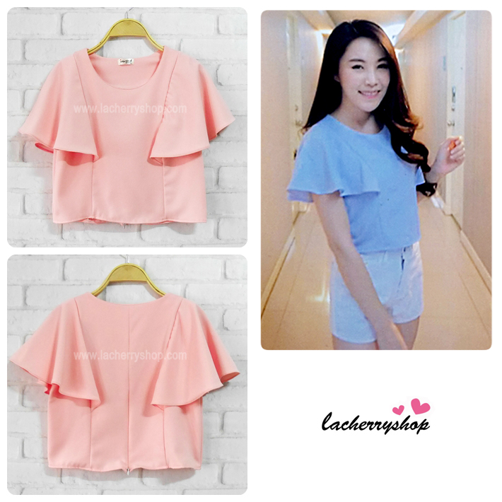 เสื้อครอป ผ้าฮานาโกะ สีชมพู แต่งระบายแขน แบบสวยหวานสไตล์เกาหลี มีซิปหลังค่ะ เนื้อผ้าฮานาโกะคุณภาพดี สำเนา