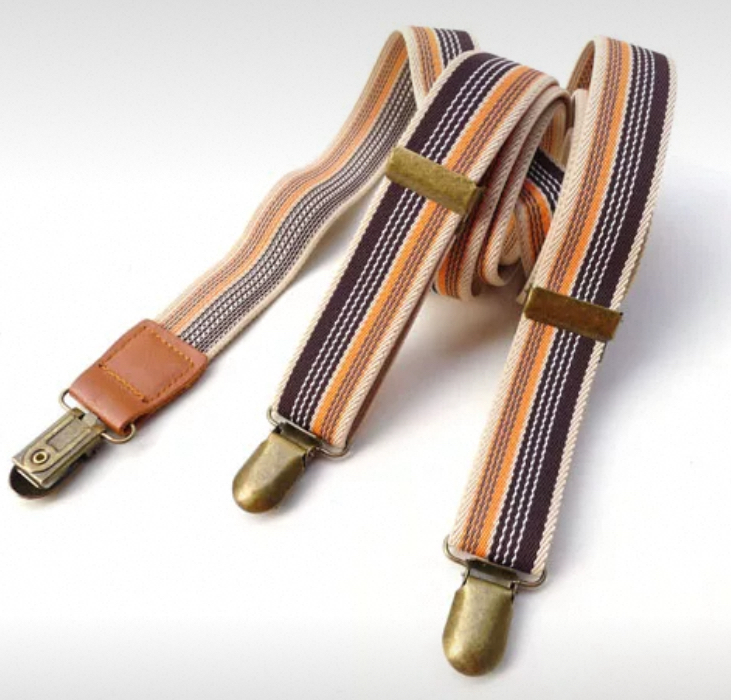 สายรัดกางเกงเอี๊ยม วินเทจ หัวทองเหลือง กว้าง 2.5cm แบบ Y ยืดหยุ่น สีลายกากี