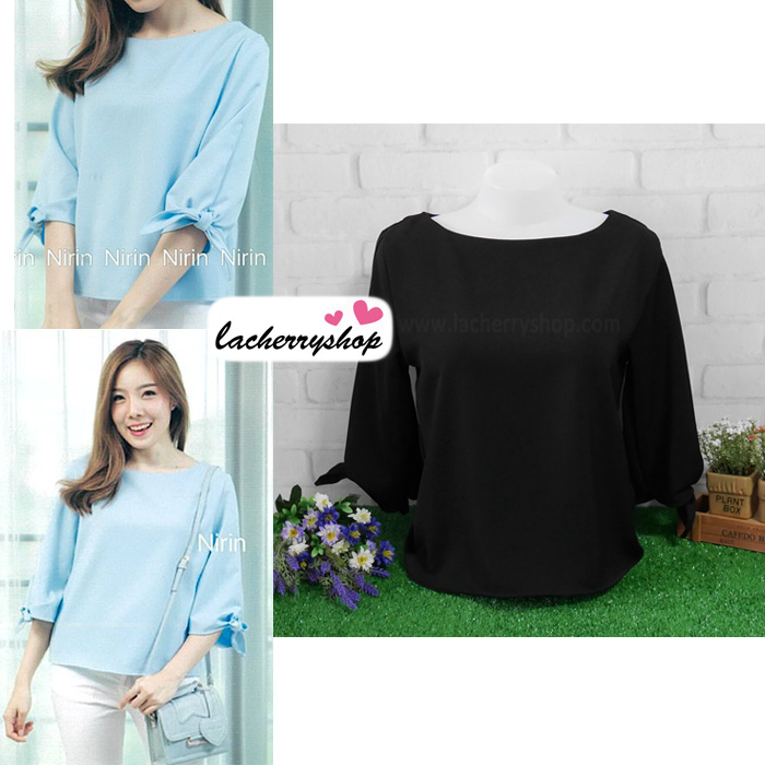 เสื้อผ้าแฟชั่นสวยๆ เสื้อทำงาน สีดำ ผ้าฮานาโกะ คอปาด แขนสามส่วนมัดโบว์ แบบสวยน่ารักมากๆค่า สินค้าคุณภาพดี