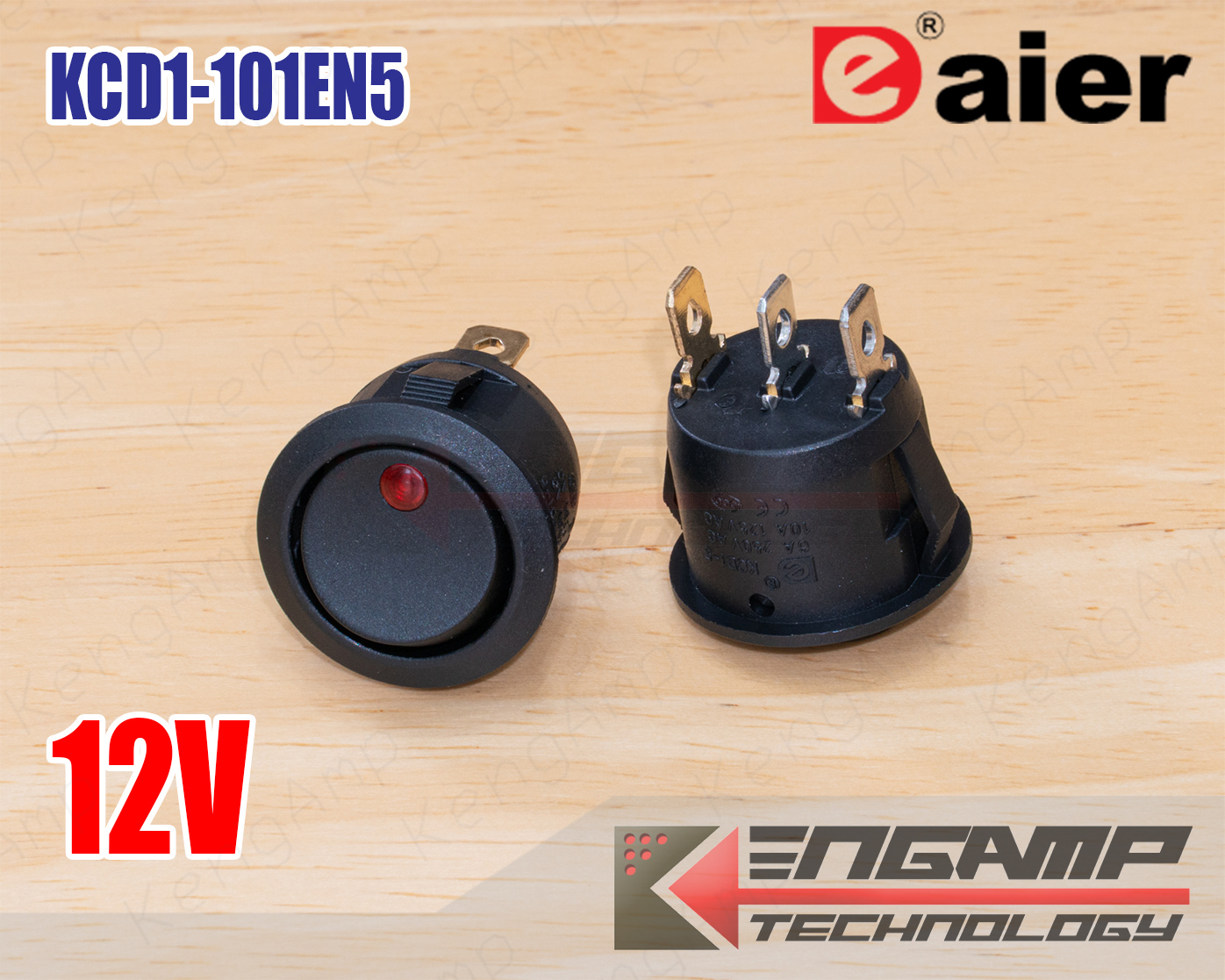 (1ตัว) [SW] KCD1-101EN5 12Vdc สีแดง Eaier สวิตซ์กระดกแบบกลมขนาด 23mm ขนาดเจาะรูยึด 20mm