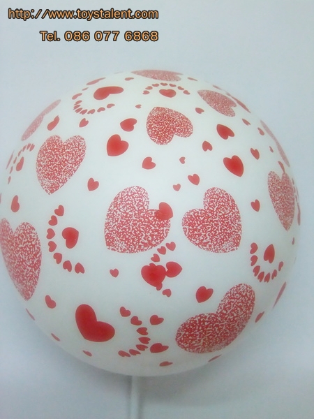 ลูกโป่งกลมสีขาว พิมพ์ลายหัวใจ สีแดง รอบใบ ไซส์ 12 นิ้ว แพ็คละ 10 ใบ (Round Balloons 12" - Printing Heart red on latex White balloons)