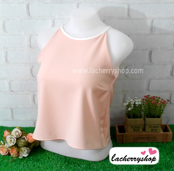 เสื้อผ้าแฟชั่นสวยๆ เสื้อสายเดี่ยว สีโอรส ผ้าฮานาโกะ แบบสวยน่ารักๆค่ะ มีซิปหลัง