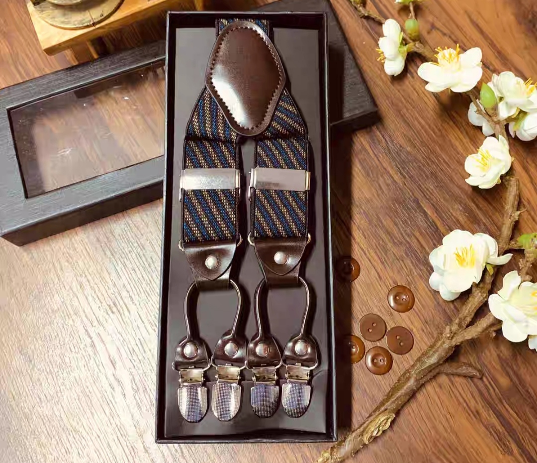 สายรัดกางเกงเอี๊ยม มาตรฐาน 6จุด หูคู่ หนังแท้ คลิบสเตนเลส กว้าง 3.5cm แบบ Y หลากสี ลายดำ พื้นดำ พื้นเทา