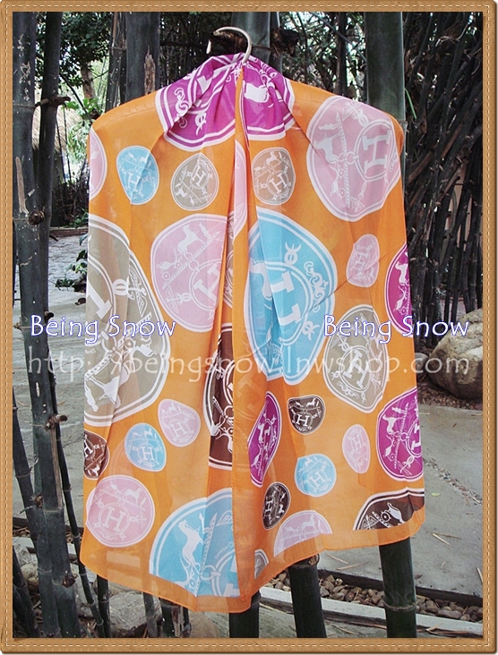 ผ้าพันคอชีฟอง Hermes สีส้ม