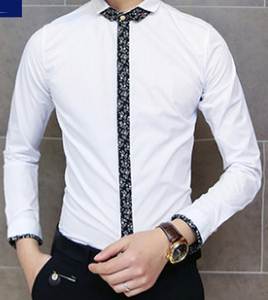 เสื้อเชิ้ตคอจีน แขนยาว ปกเล็กพิเศษแฟชั่นแต่งสาบลายดอก สีขาว size 39