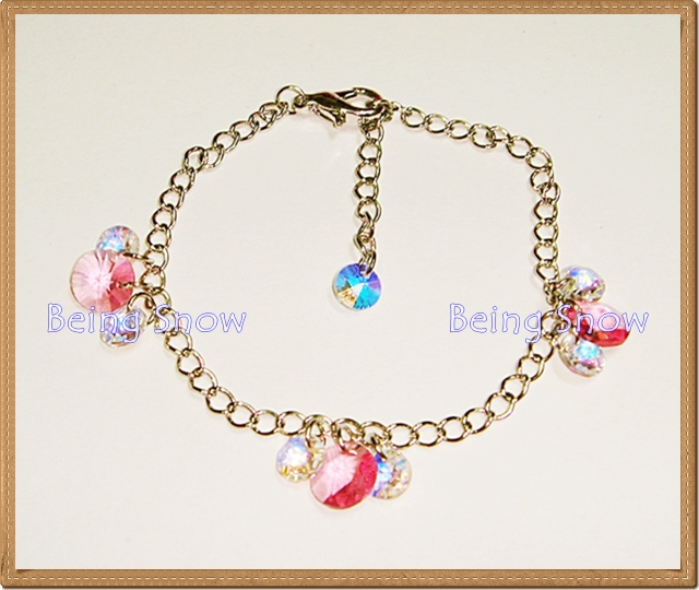 สร้อยข้อมือคริสตัลทรงกลมแบนเล็ก-ใหญ่ สีชมพู Rose + สีใส