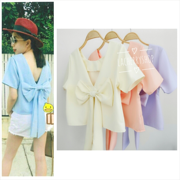 เสื้อแฟชั่นผ้าฮานาโกะ เสื้อครอปวีหลัง(สีนู้ด) แต่งโบว์เก๋ๆ แบบสวยน่ารักมากๆเนื้อผ้าฮานาโกะคุณภาพดี