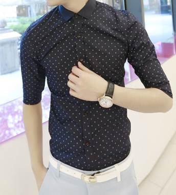 เสื้อเชิ้ตแขนสั้น ปกเล็ก แฟชั่นพับศอก แต่งพิ้นลาย สีขาวปกน้ำเงิน น้ำเงิน No.39